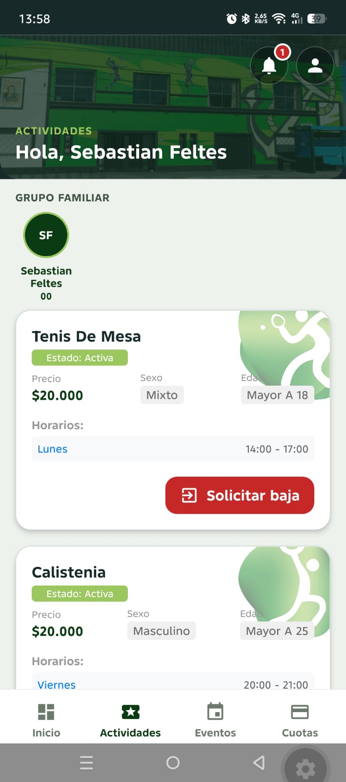 Pantalla de actividades