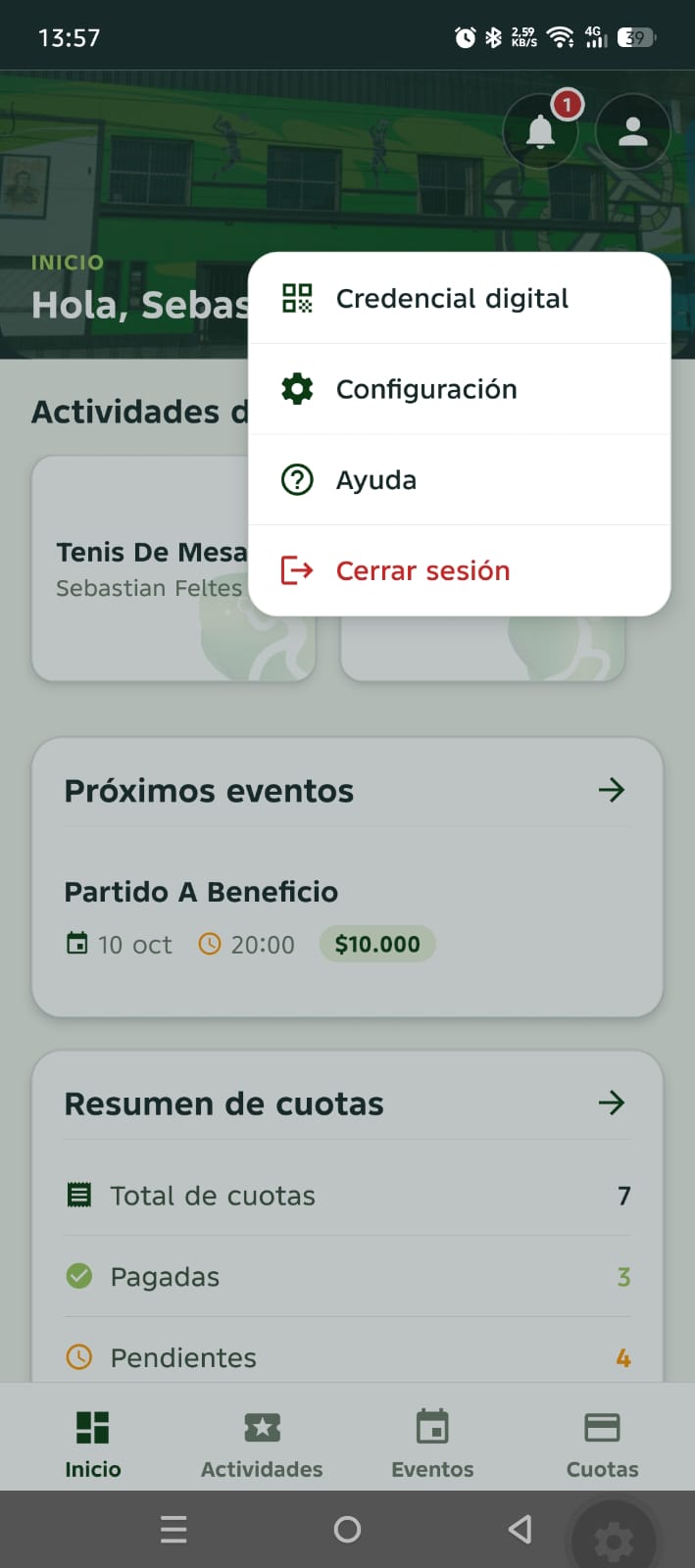 Menú desplegable de perfil