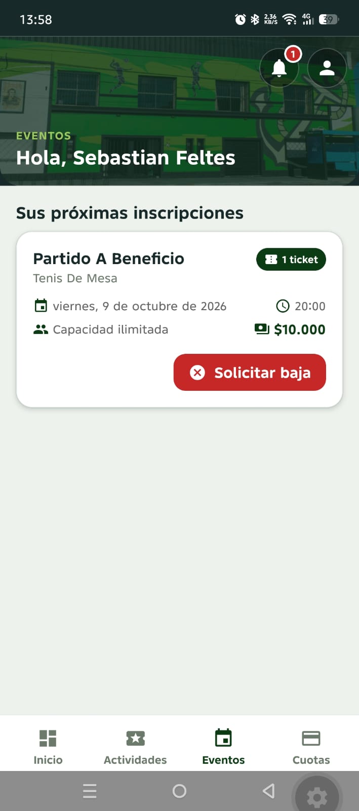 Pantalla de eventos