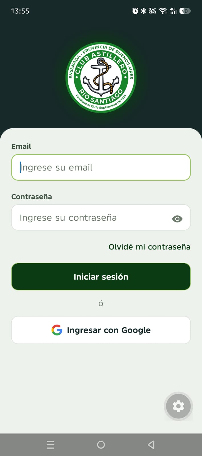 Pantalla de inicio de sesión de la app