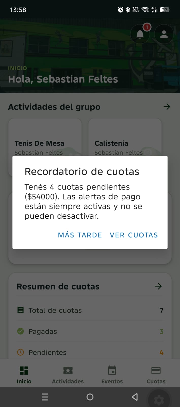 Recordatorio de cuotas al abrir la app
